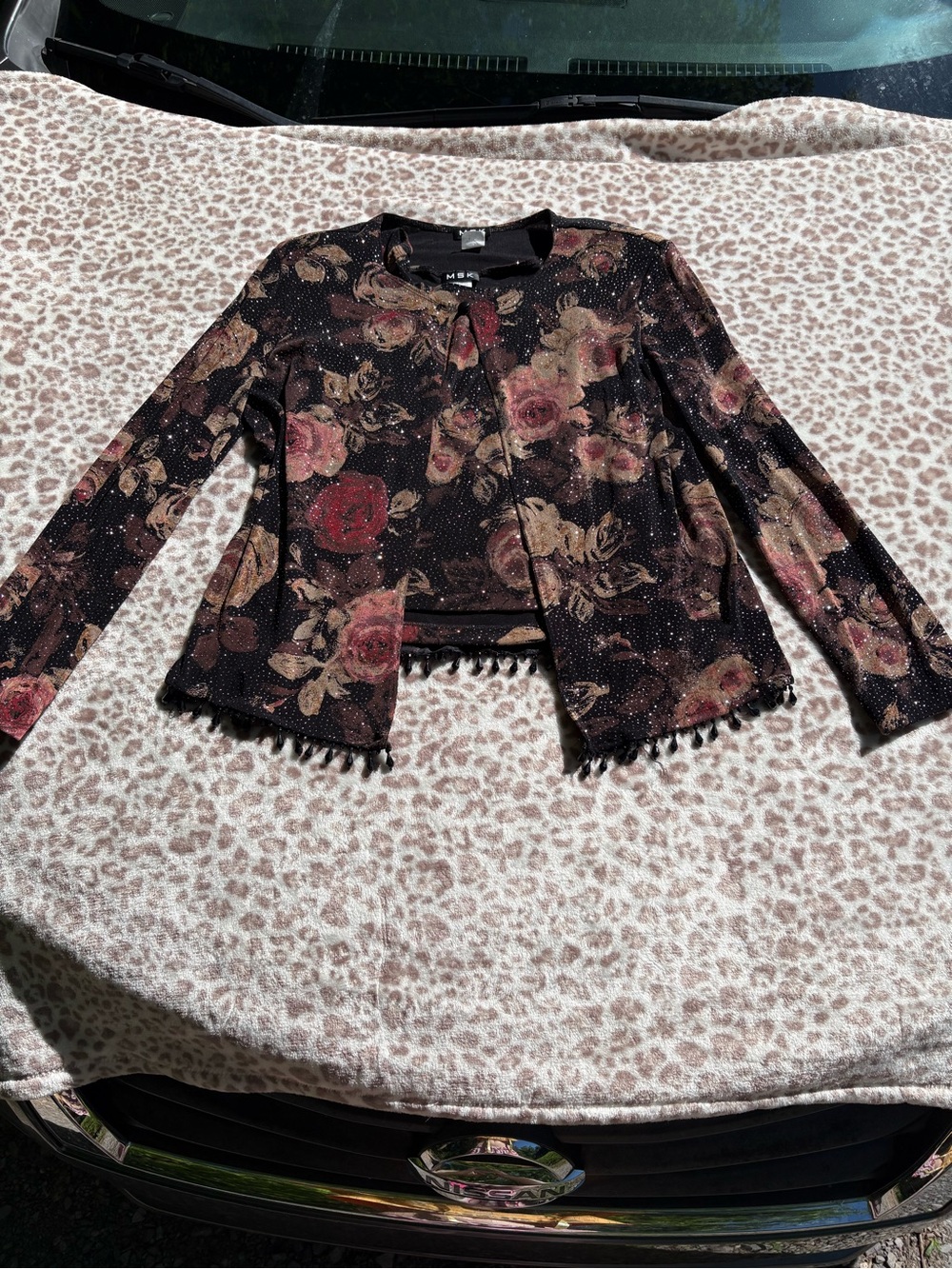90s Practical Magic Black Floral Cardigan and Tank Top Set with Beaded Trim